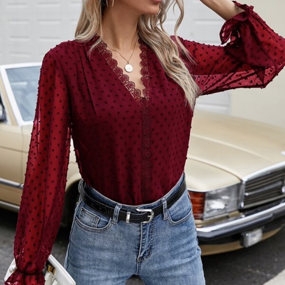 BellanBlue Tops - Boho Burgundy Red V neck Swiss Dot Lace Sheer Top